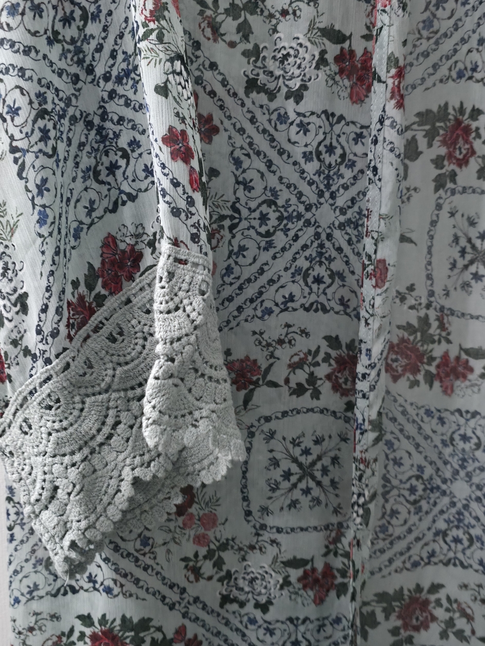Floral Crochet-Trim Open Front Kimono Jacket - Mint Green - Picture 2 of 4